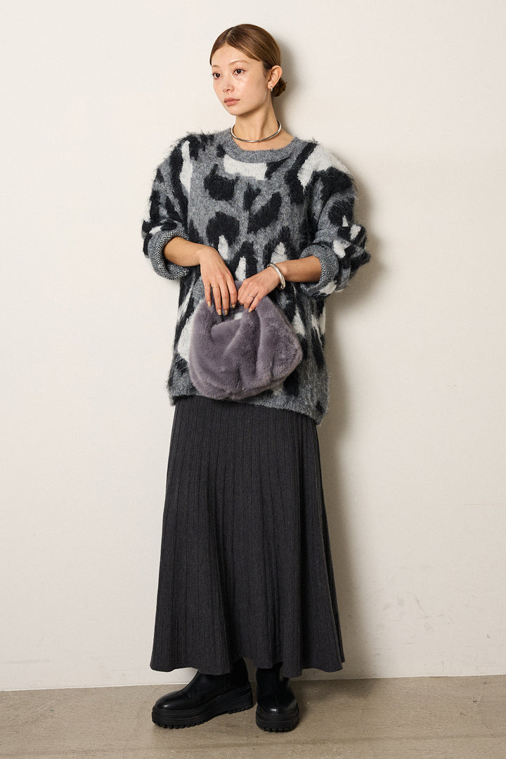 [SET]ルーズアニマルモヘアニットトップス+編み地切り替えフレアニットスカート(2set)
