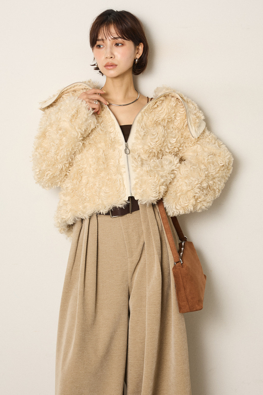 [SET]ビッグカラープードルボアアウター+ベルトループコーデュロイワイドパンツ(2set)