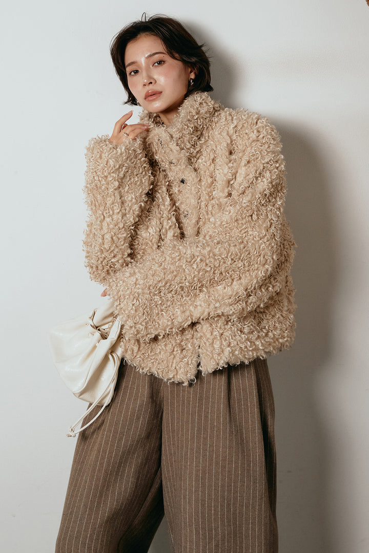 [SET]プードルファーミドルジャケット+ウールライクストライプパンツ(2set)