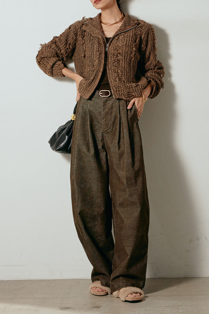 [SET]ハイネックフリンジジップニットトップス+フロントタック入りコーデュロイパンツ(2set)