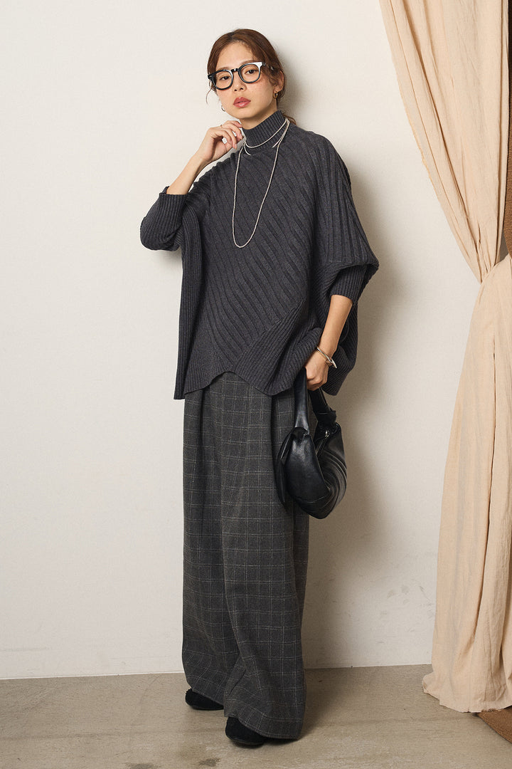 [SET]アシメデザインリブポンチョニットトップス+ウールライクチェックタックパンツ(2set)