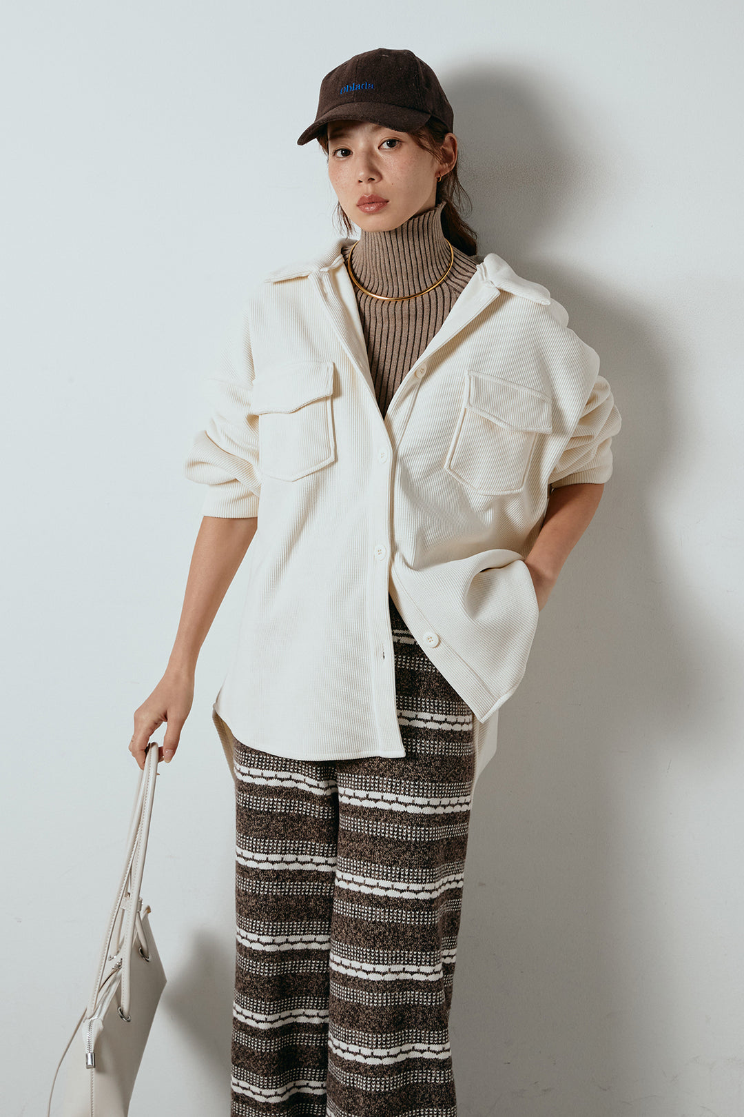 [SET]襟付きコーデュロイポケットシャツ+マルチライン柄リラックスニットパンツ(2set)