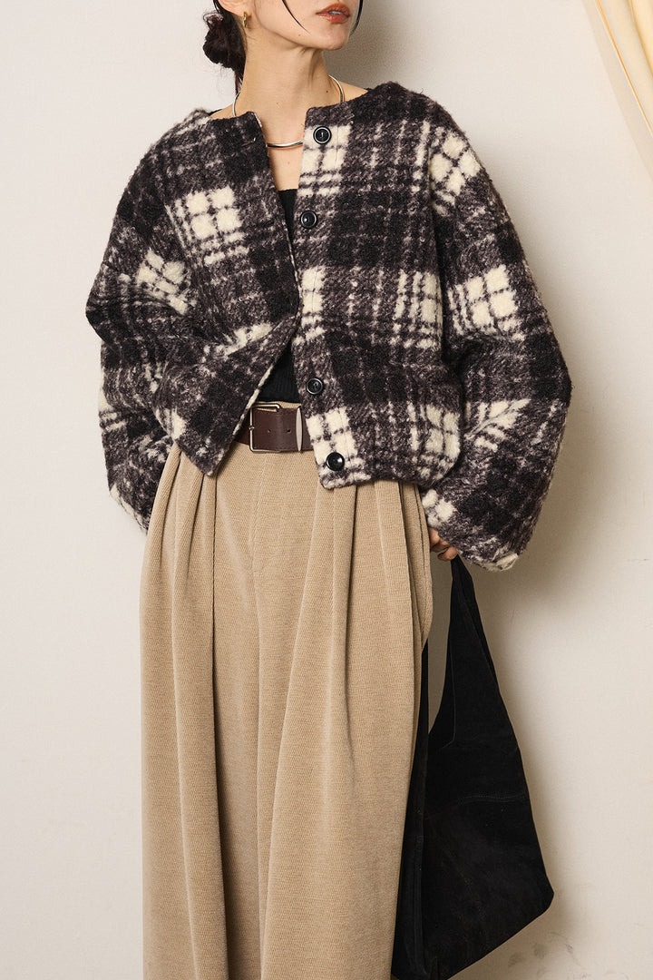 [SET]ノーカラーチェック柄ボアブルゾン+ベルトループコーデュロイワイドパンツ(2set)