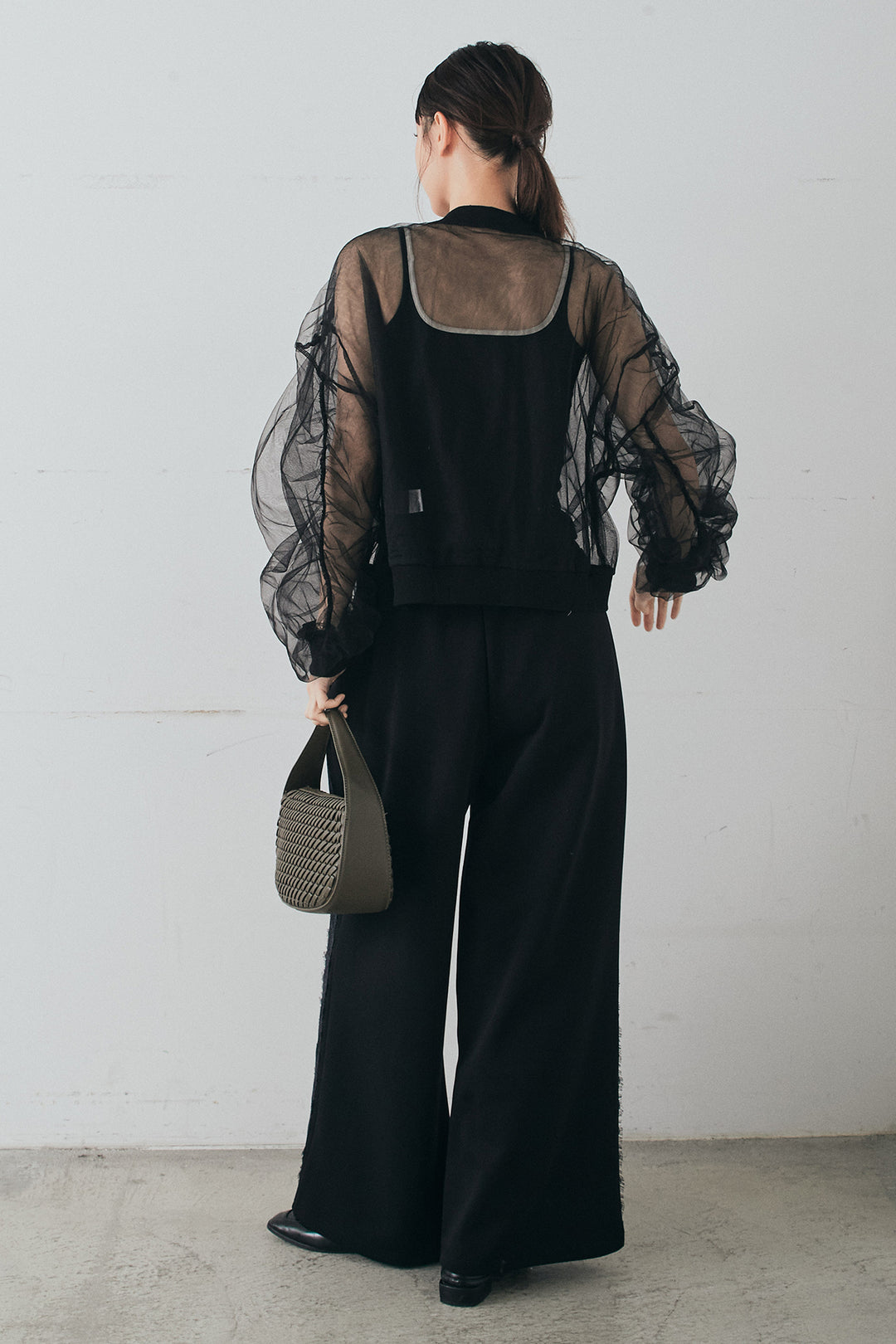 [SET]エアリーチュールスリーブシアーブルゾン+Wフェイスカットソーサイドレースラインパンツ(2set)