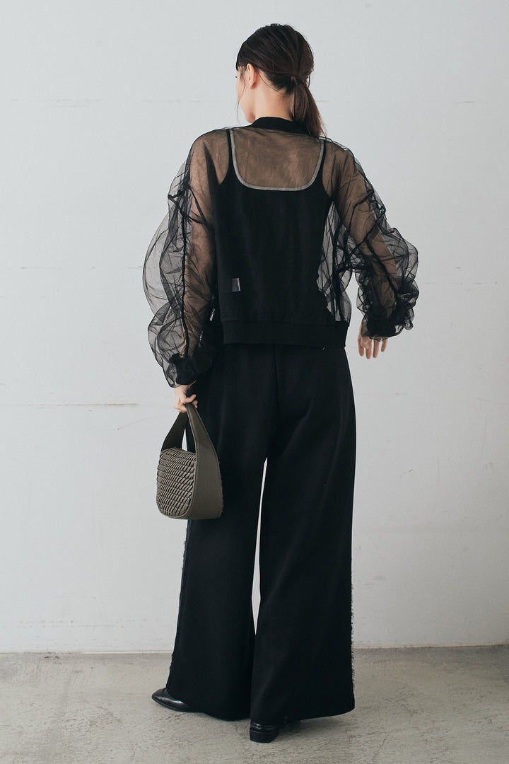 [SET]エアリーチュールスリーブシアーブルゾン+Wフェイスカットソーサイドレースラインパンツ(2set)