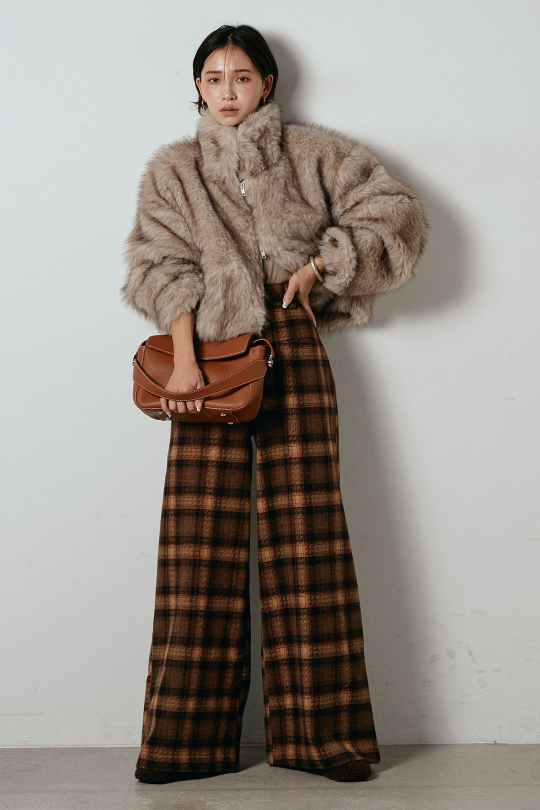 [SET]エコファーショート丈ブルゾン+ルーズタータンチェックワイドパンツ(2set)