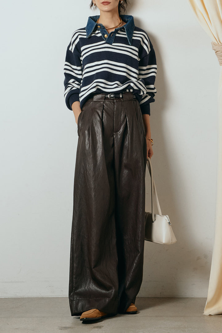 [SET]デニムレイヤード風ランダムボーダーニットプルオーバー+ベルト付きレザーライクタックパンツ(2set)