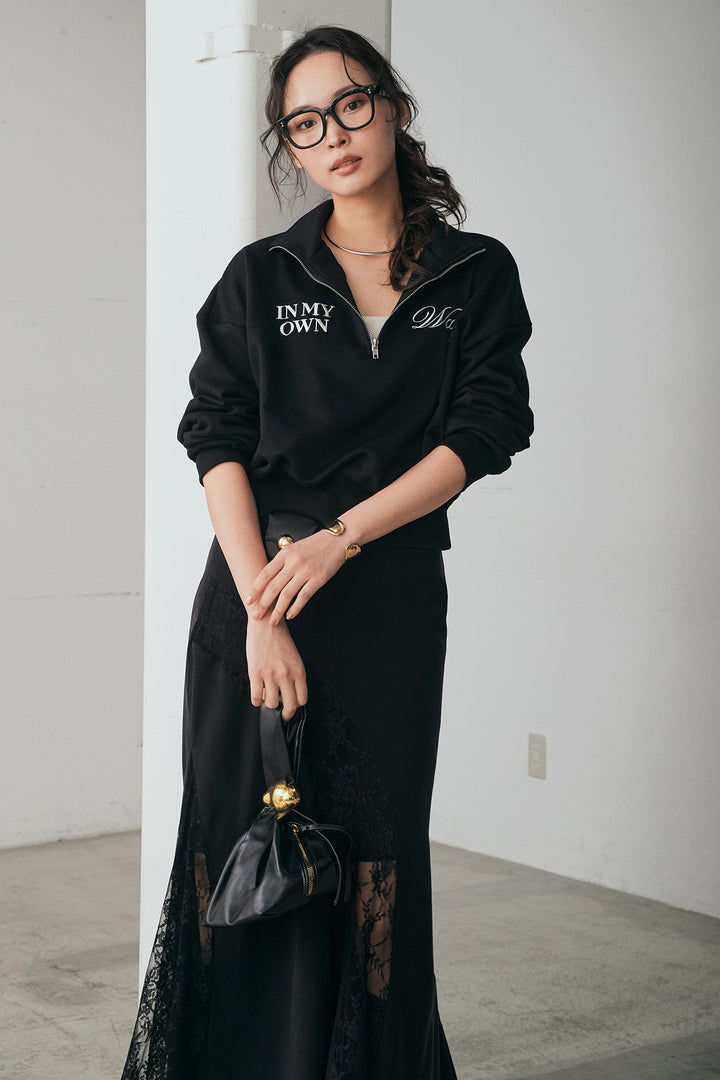 [SET]裏毛ロゴ刺繍ハーフZIPスウェット+刺繍レースデザインサテンスカート(2set)