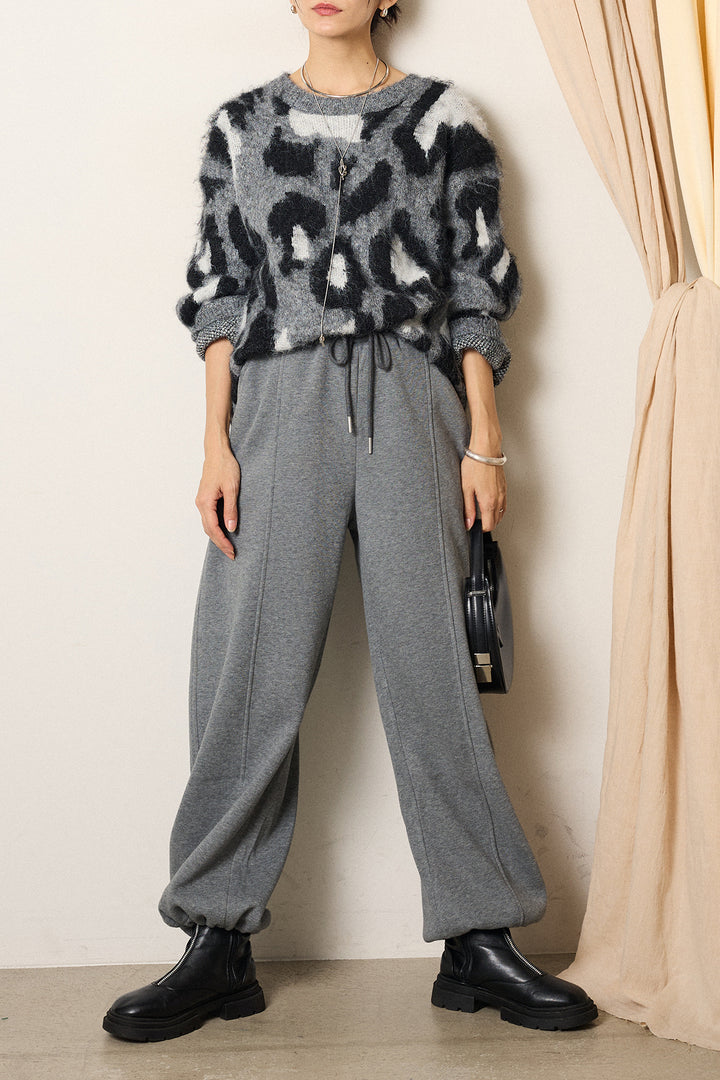 [SET]ルーズアニマルモヘアニットトップス+スウェットワイドカーブパンツ(2set)