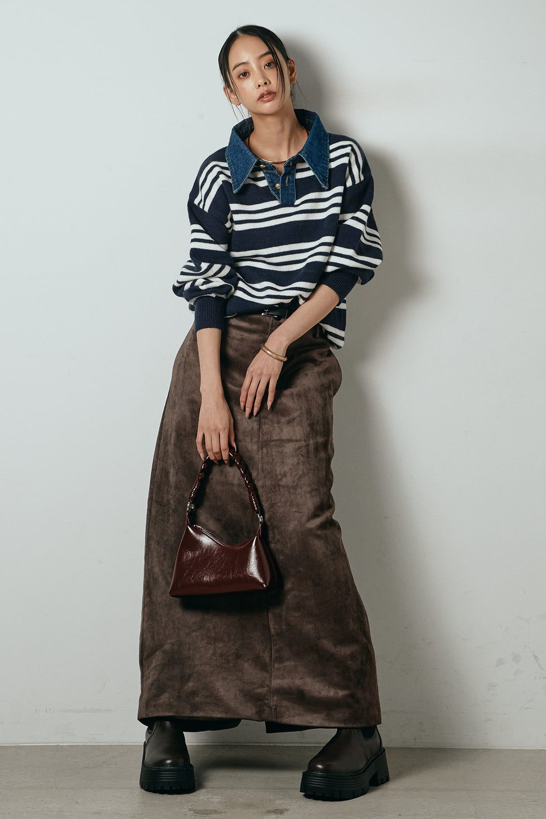 [SET]デニムレイヤード風ランダムボーダーニットプルオーバー+エコスウェードワイドスカート(2set)