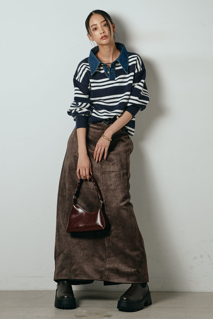 [SET]デニムレイヤード風ランダムボーダーニットプルオーバー+エコスウェードワイドスカート(2set)