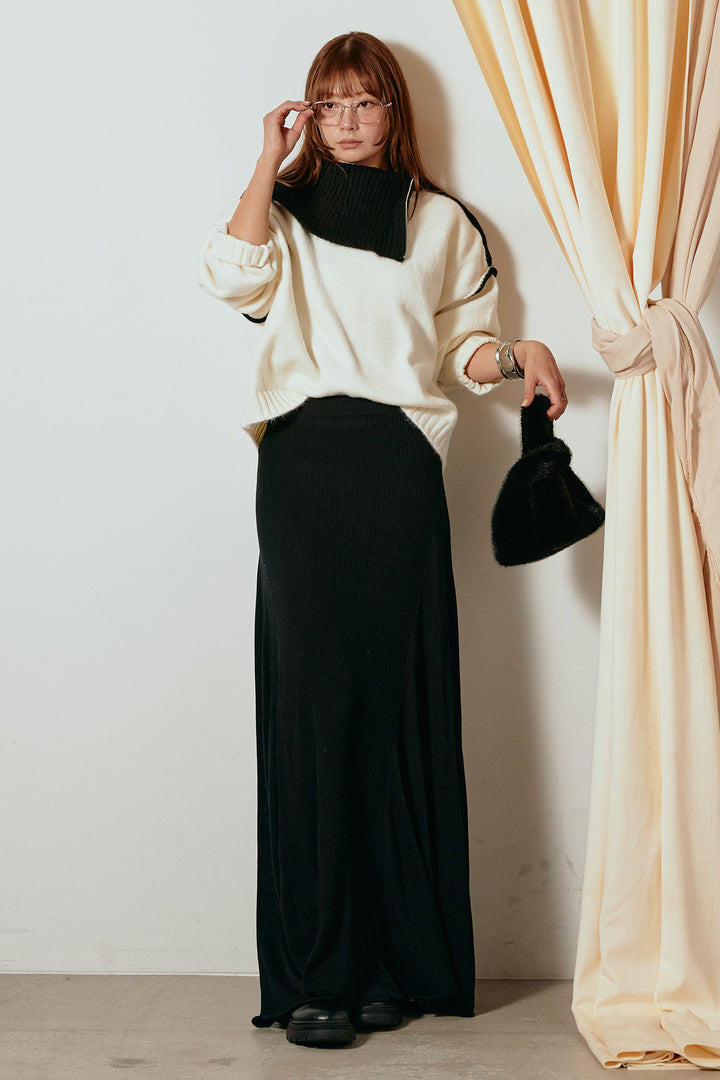 [SET]ハイネックジップデザインニットトップス+サイド切り替えリブニットロングスカート(2set)