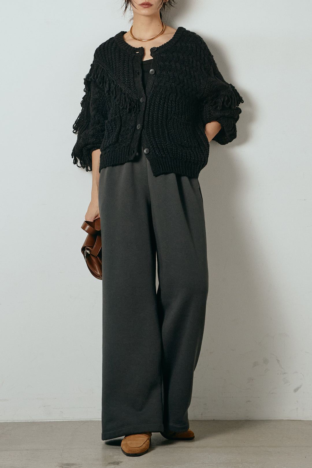 [SET]ランダムフリンジニットカーディガン+裏起毛スウェットワイドパンツ(2set)