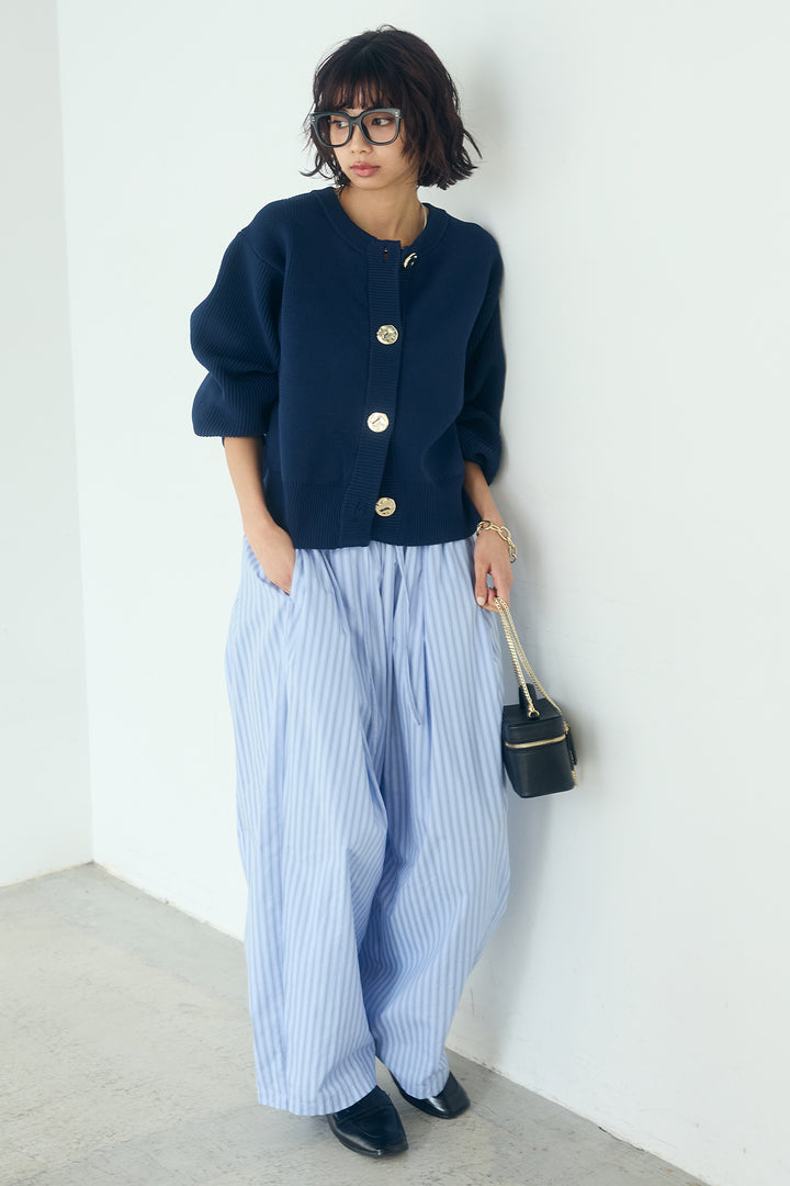 [SET]スポンディッシュBIGボタンクルーネックカーディガン+ランダムストライプタックギャザーパンツ(2set)