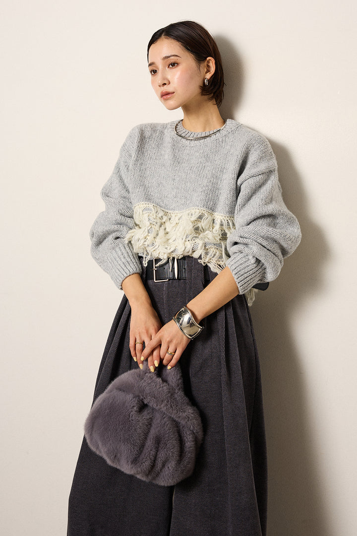 [SET]ループ編み切り替えニットプルオーバー+ベルトループコーデュロイワイドパンツ(2set)