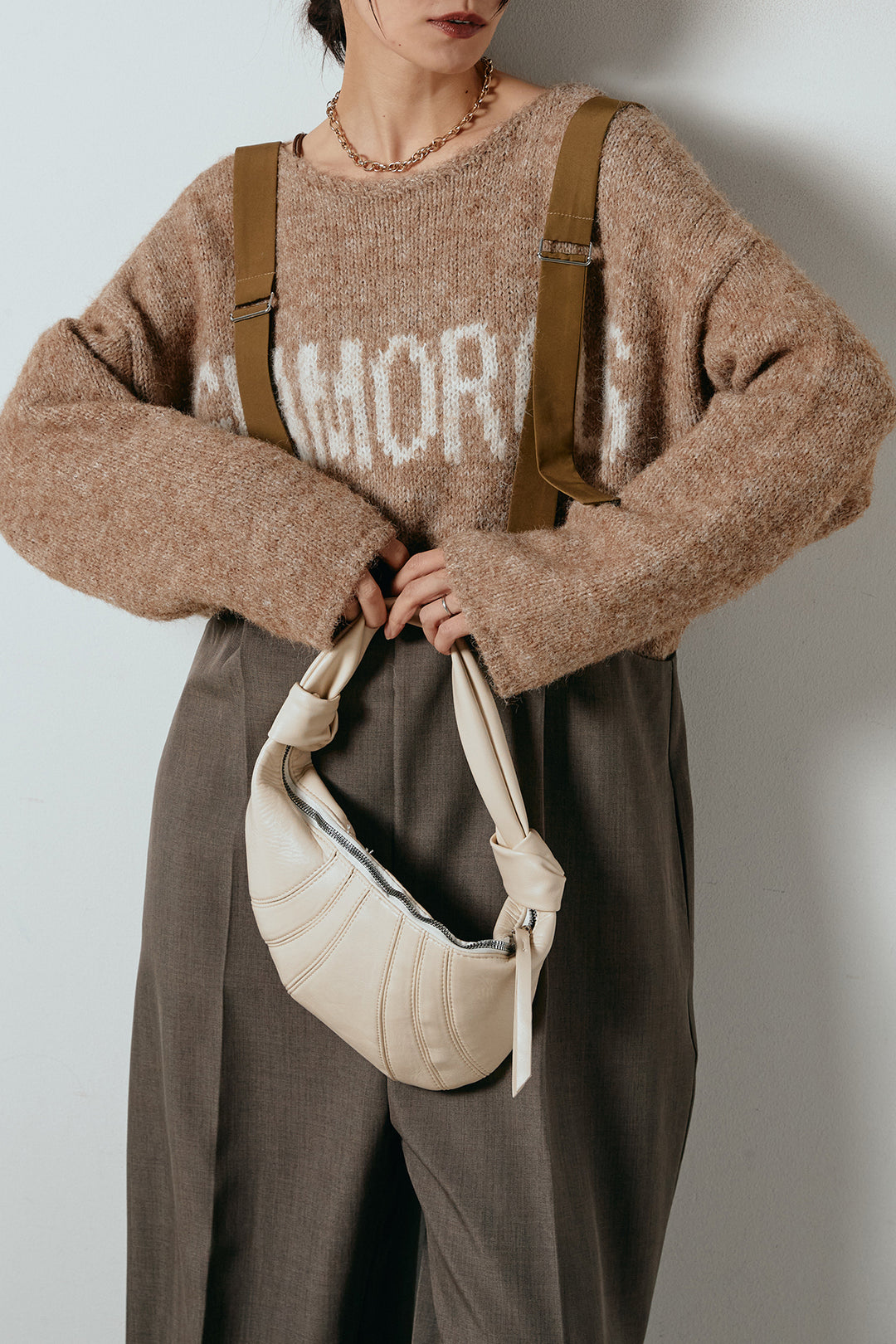 [SET]フロントロゴデザインニットトップス+ワイドツイルサロペット(2set)