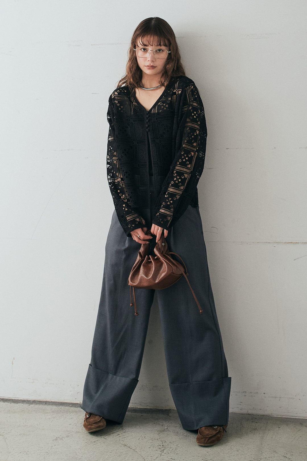 [SET]クロシェレースカーディガン+センタープレスセミワイドパンツ(2set)