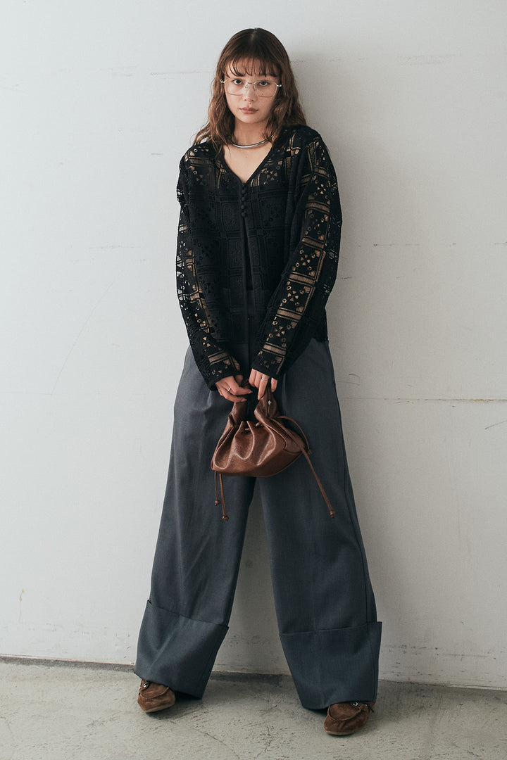 [SET]クロシェレースカーディガン+センタープレスセミワイドパンツ(2set)