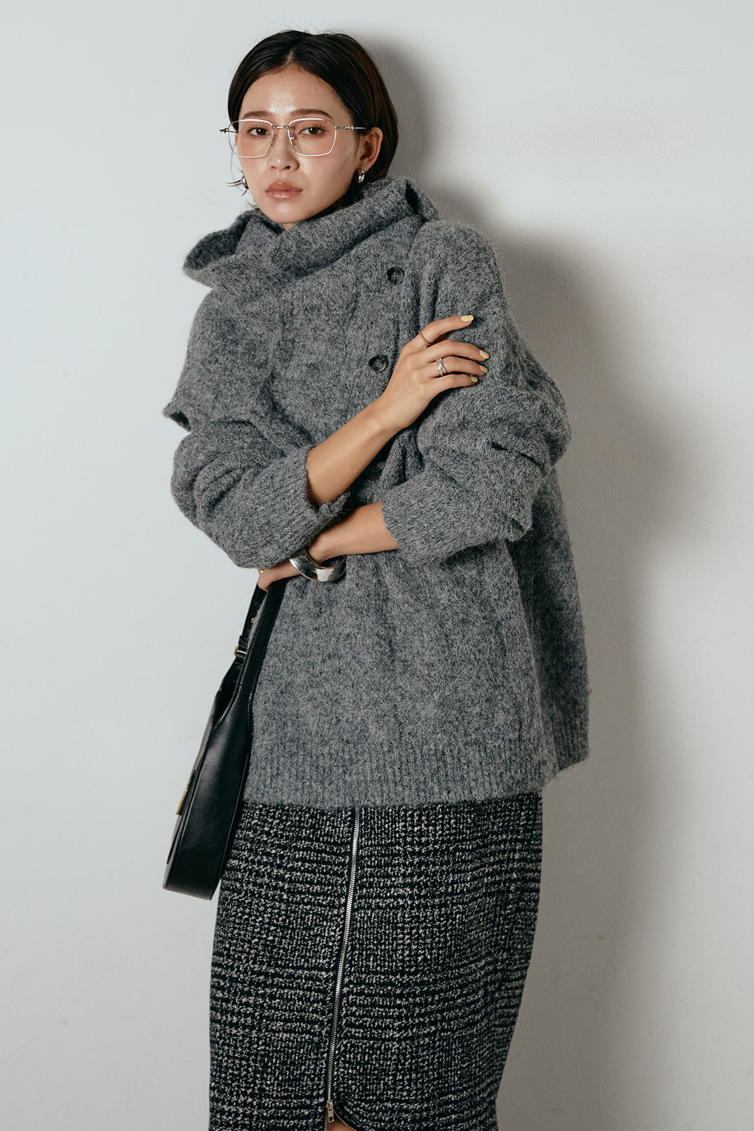 [SET]ケープデザインケーブルニットトップス+グレンチェック柄フロントジップタイトスカート(2set)