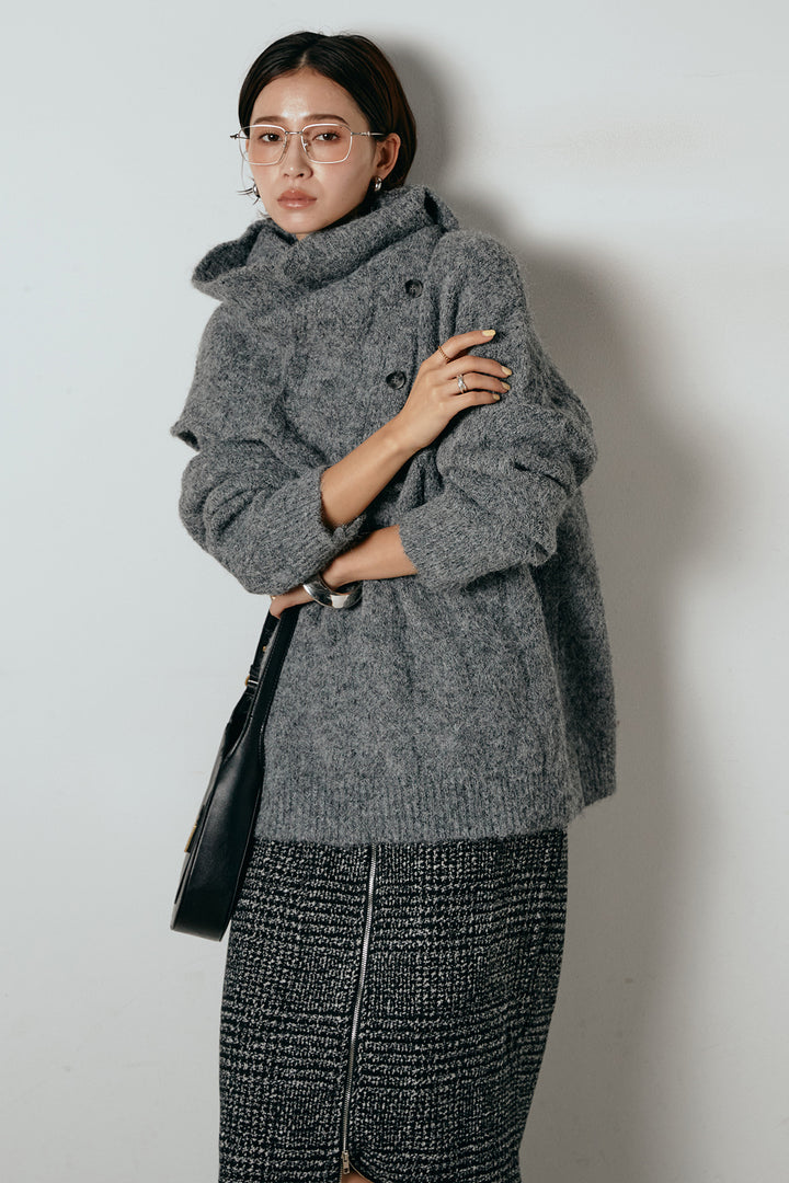 [SET]ケープデザインケーブルニットトップス+グレンチェック柄フロントジップタイトスカート(2set)