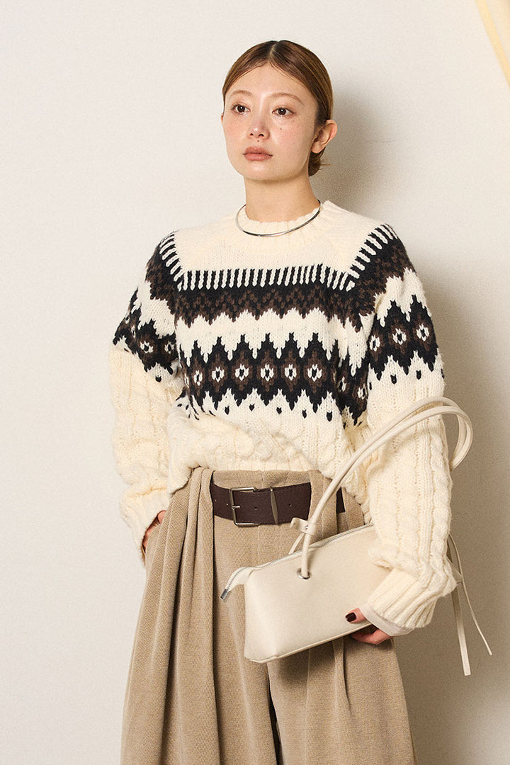 [SET]2WAY求心柄ジャガードショートカーディガン+2WAY袖コード刺繍クルーネックプルオーバー(2set)