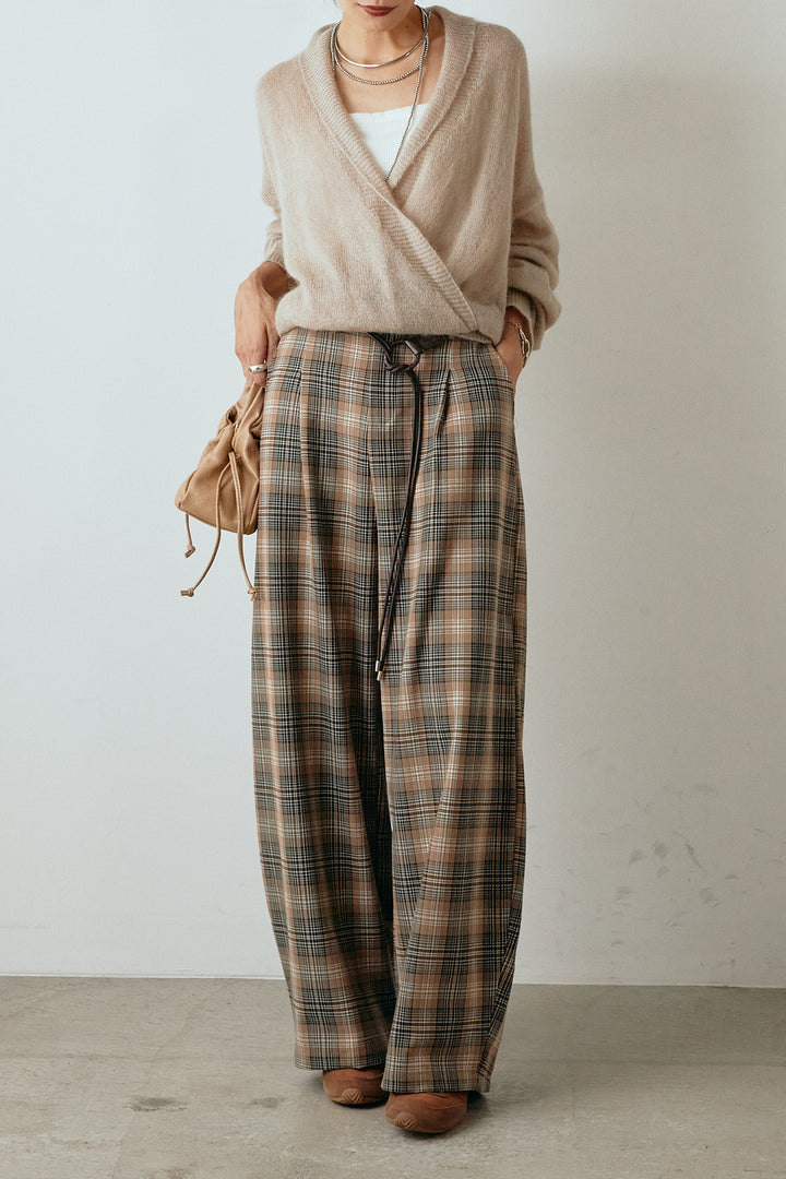 [SET]カシュクールデザインニット+編みベルト付きタータンチェックワイドパンツ(2set)