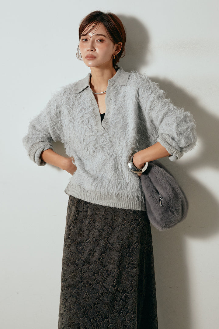 [SET]襟付きシャギーニットポロトップス+花柄刺繍ベロアフレアスカート(2set)