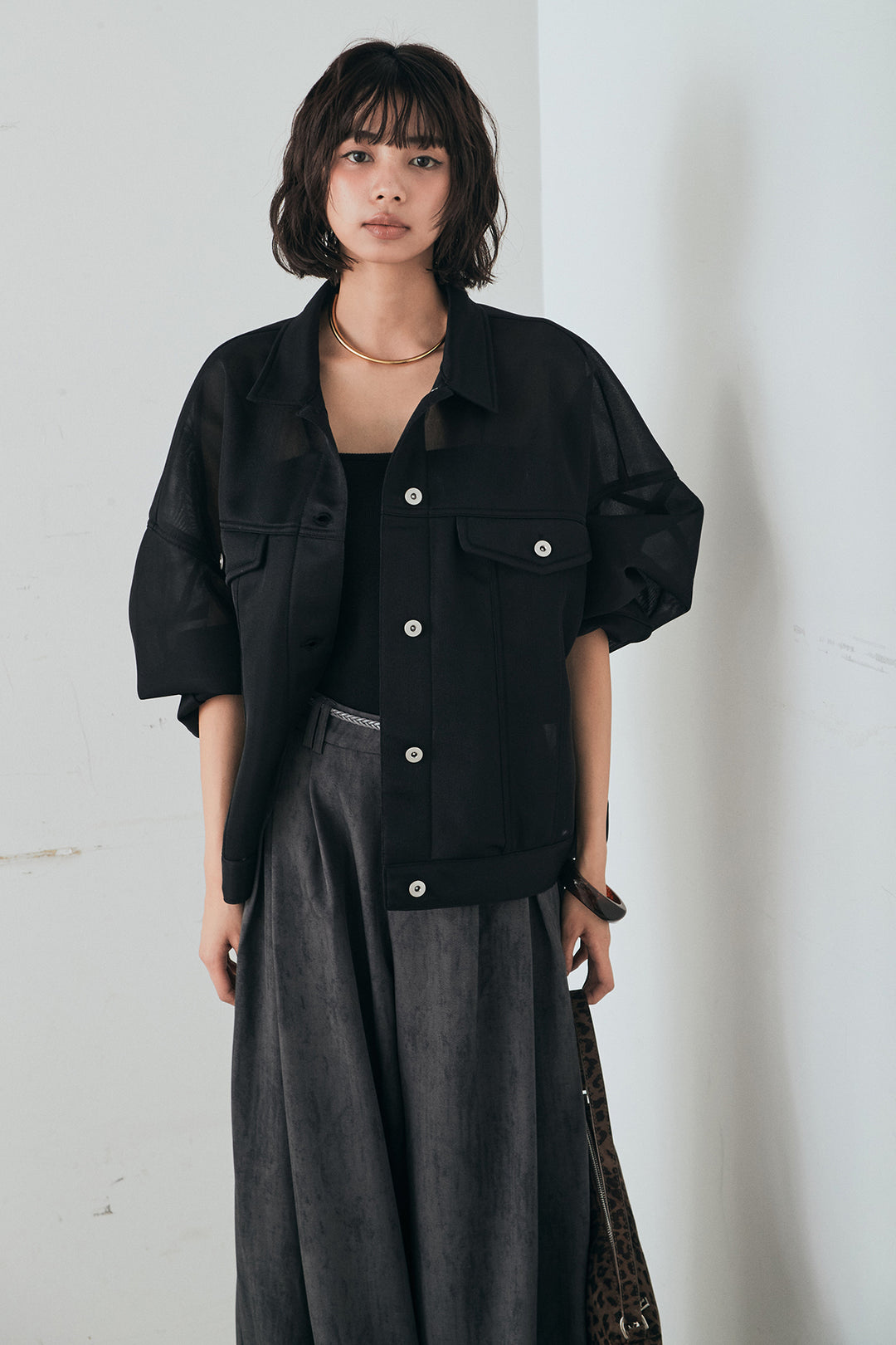 [SET]シアーダンボールサイドドロストジャケット+紐ベルト付きかすれ柄ワイドスラックス(2set)