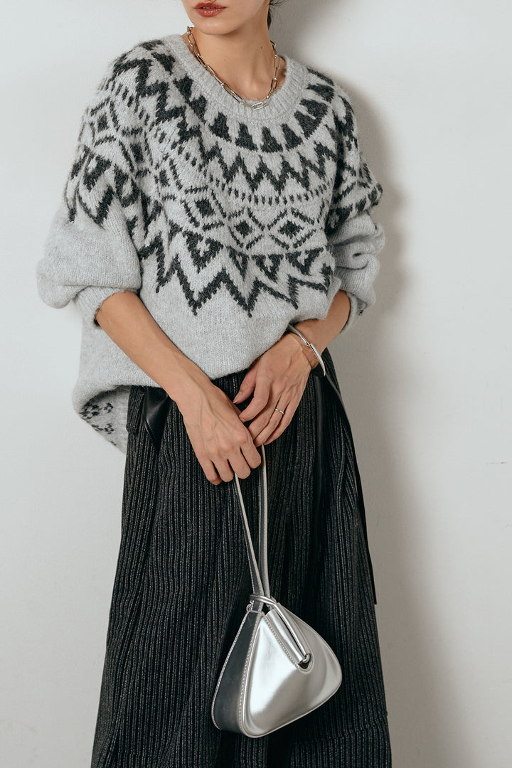 [SET]ノルディック柄Uネックプルオーバー+レザーライク配色ストライプパンツ(2set)