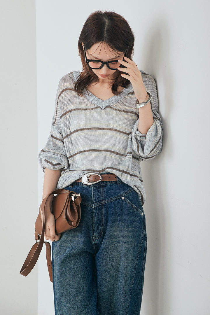 [SET]綿タッチVネックボーダートップス+デニムヨークパンツ(2set)