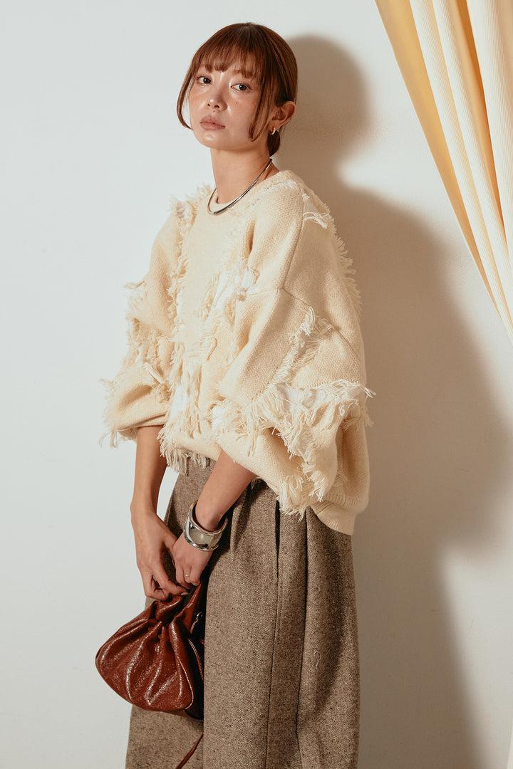 [SET]シャギージャガードニットトップス+ベルト付きネップツイードカーブパンツ(2set)