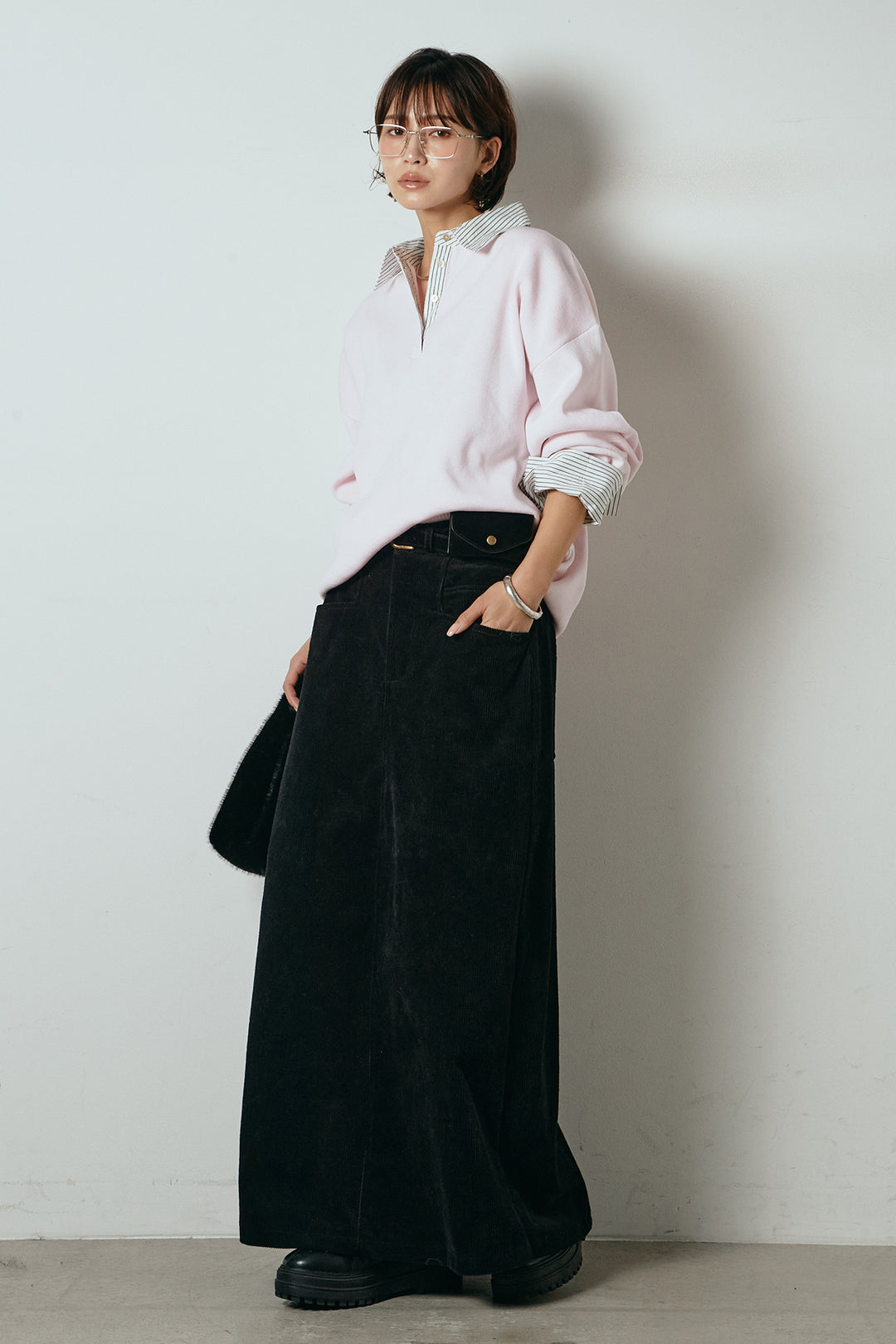 [SET]ストライプシャツドッキングポロトップス+ポーチベルト付きコーデュロイワイドスカート(2set)