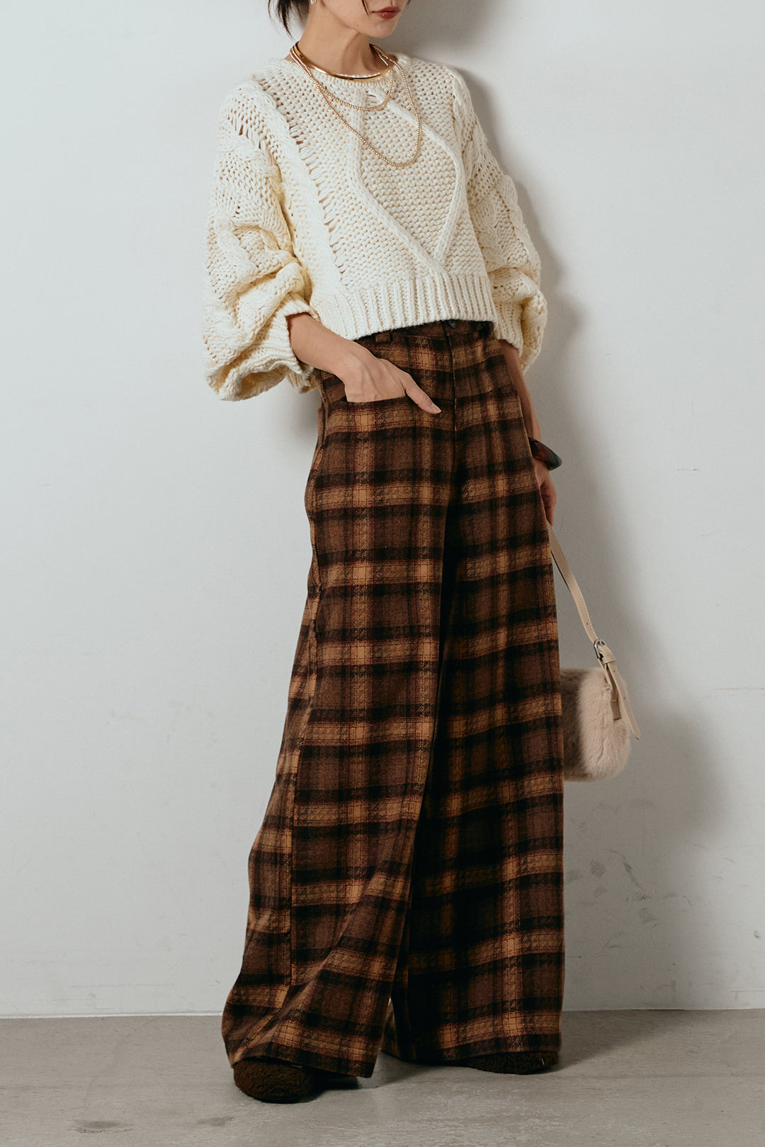 [SET]ロービングケーブルショート丈プルオーバー+ルーズタータンチェックワイドパンツ(2set)