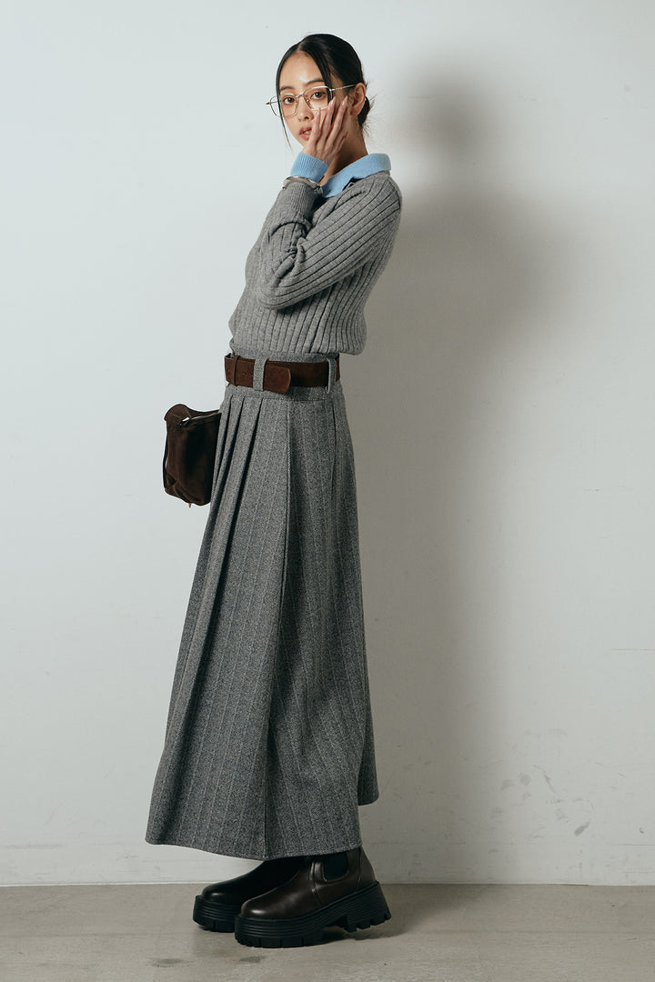 [SET]レイヤード風リブニットトップス+太ベルト付きヘリンボーンプリーツスカート(2set)