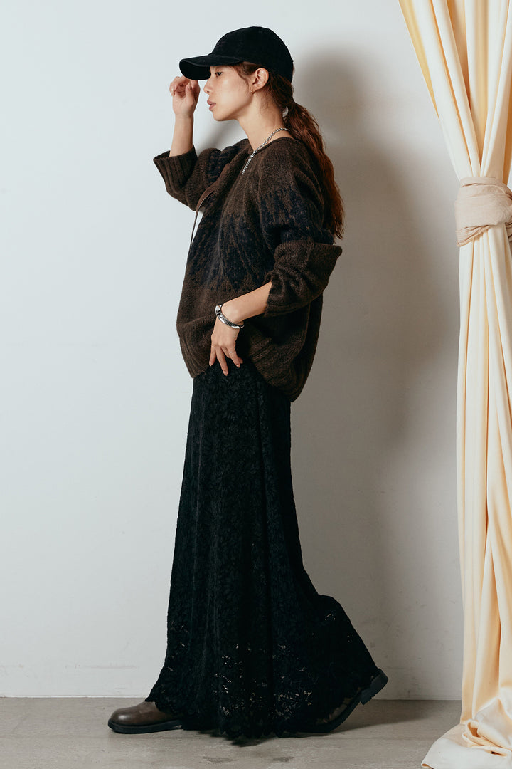 [SET]モノトーン柄ニットトップス+花柄刺繍ベロアフレアスカート(2set)