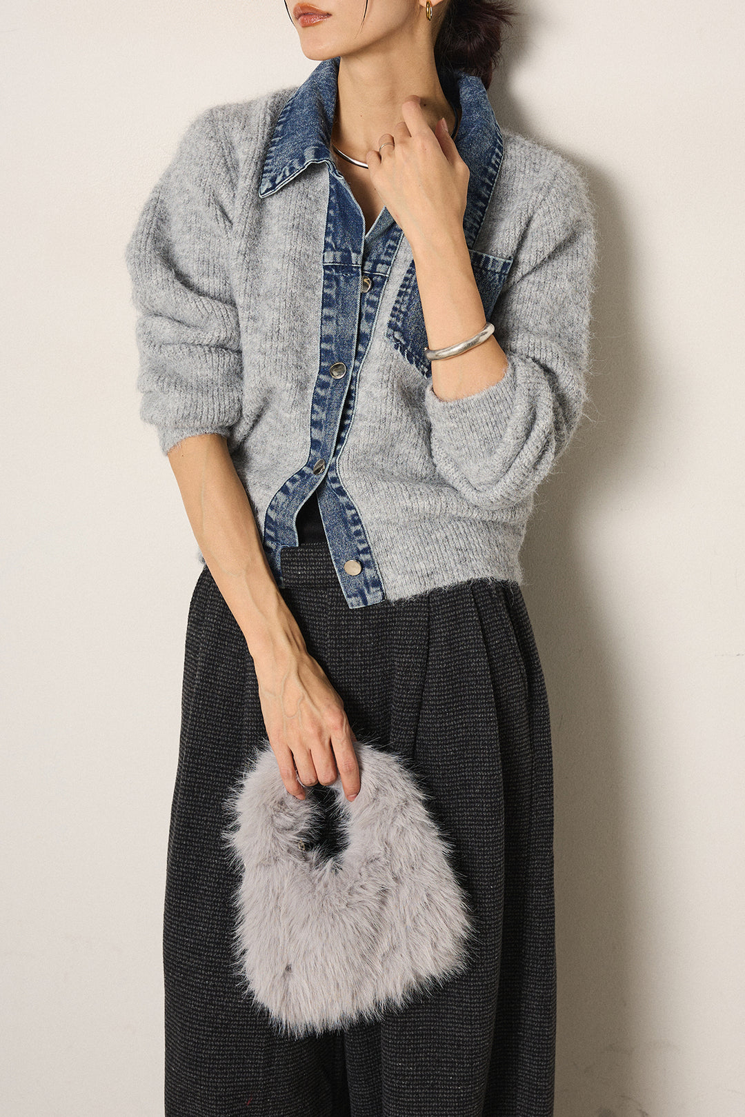 [SET]襟付きデニム切替ニットカーディガン+起毛タック入りツイードワイドパンツ(2set)