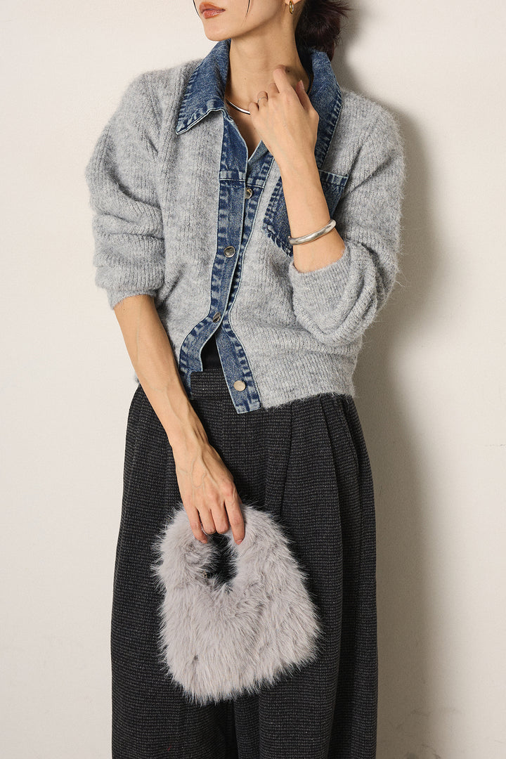 [SET]襟付きデニム切替ニットカーディガン+起毛タック入りツイードワイドパンツ(2set)