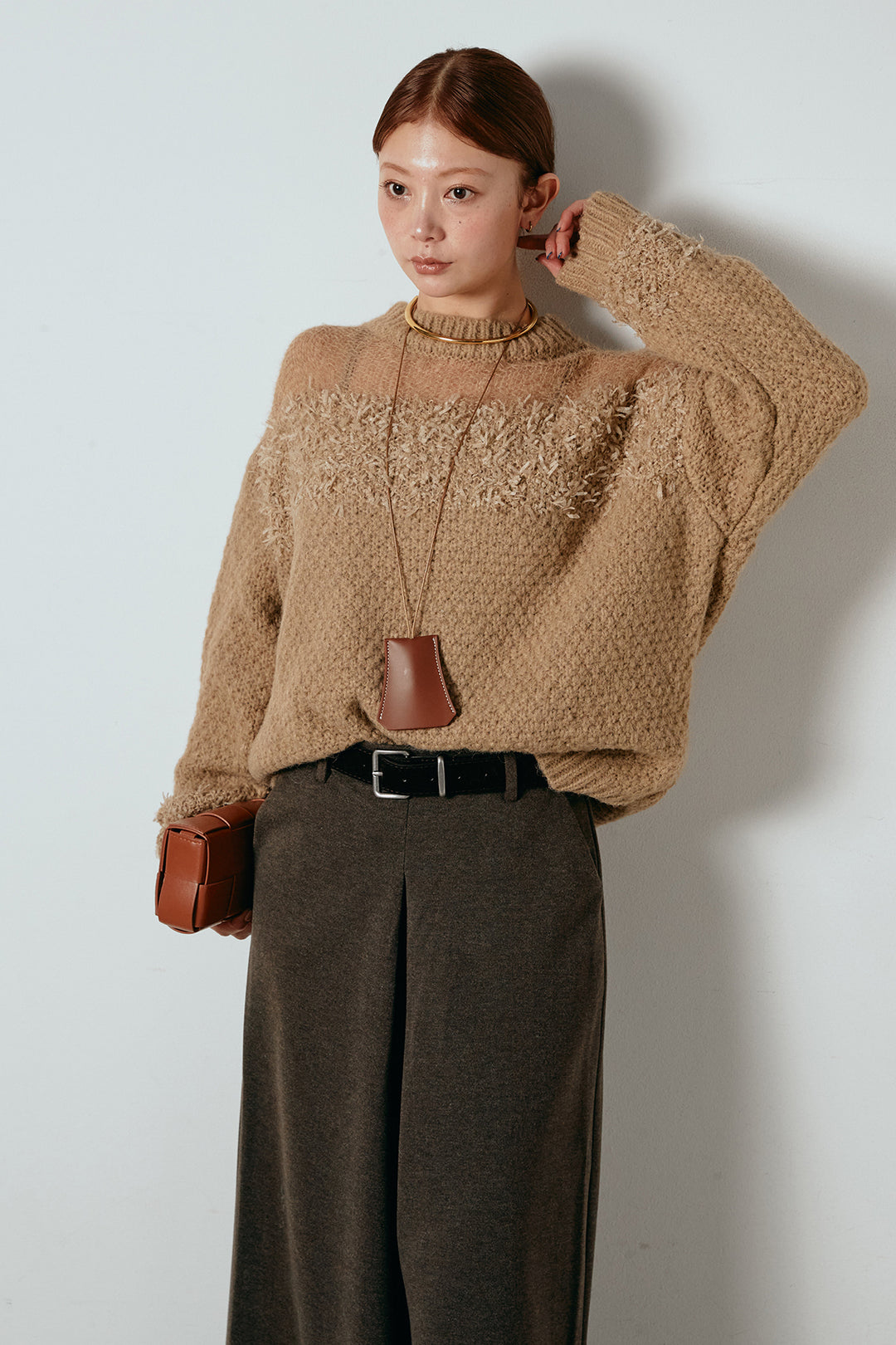 [SET]パターンランダム編みニットトップス+ベルト付きフロントタックデザインパンツ(2set)