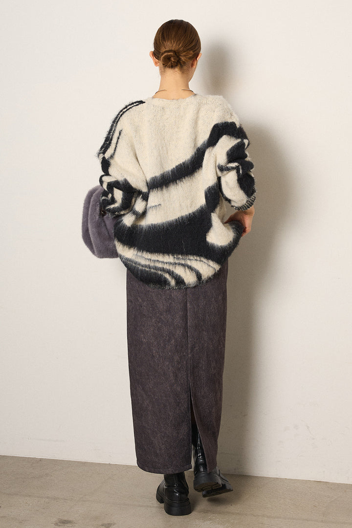 [SET]アクセントブラッシュドカーディガン+ロープベルト付きスウェード調スカート(2set)