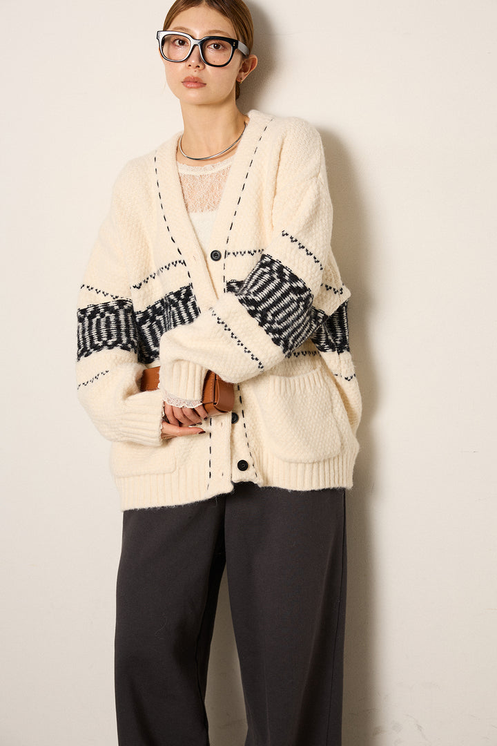 [SET]ライン柄ステッチニットカーディガン+2WAY袖コード刺繍クルーネックプルオーバー+裏起毛スウェットワイドパンツ(3set)