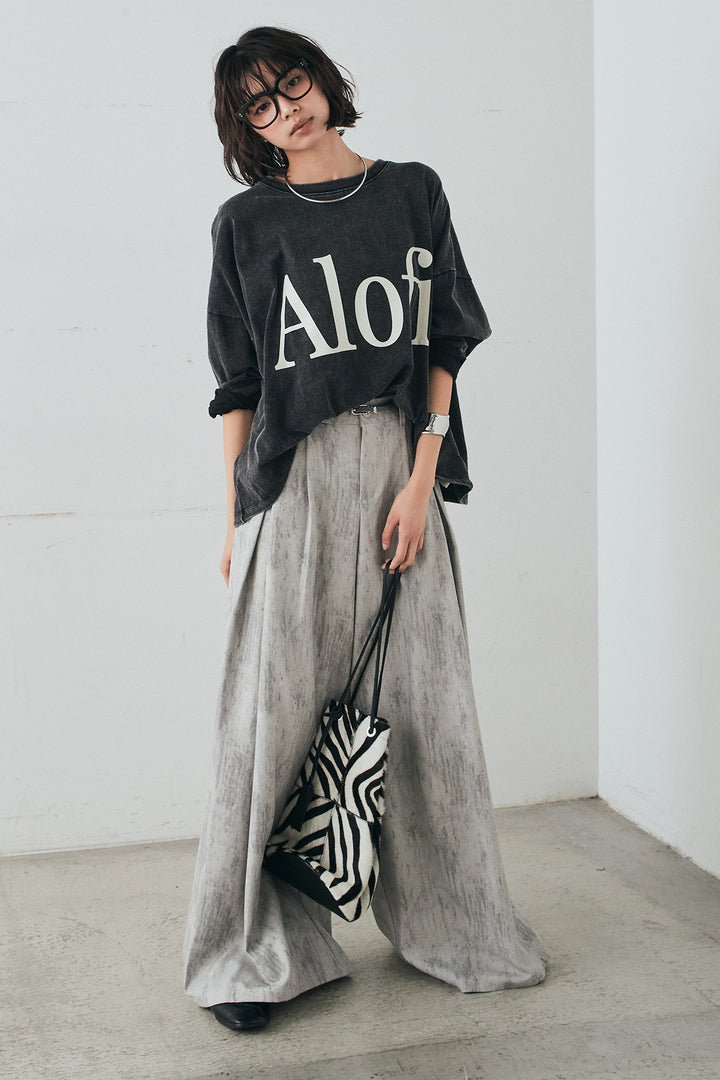 [SET]裾センタードロストロゴプリントワイドTシャツ+紐ベルト付きかすれ柄ワイドスラックス(2set)