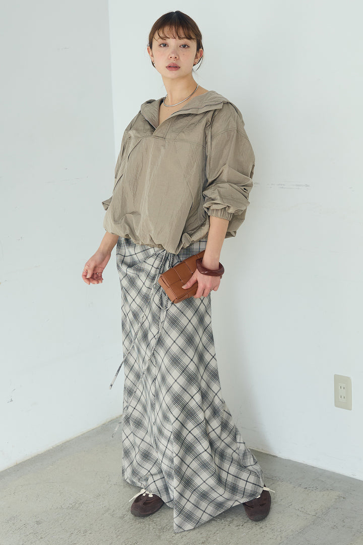 [SET]ナイロンフーディーブルゾンアウター+タータンチェック柄フロントデザインスカート(2set)