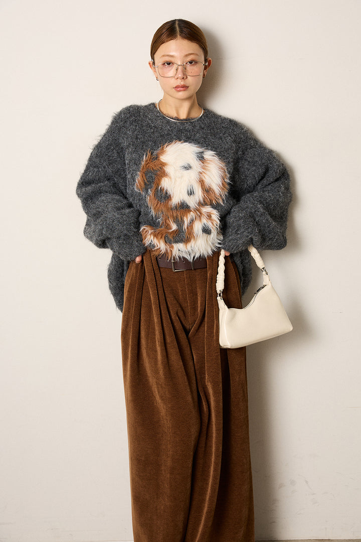 [SET]シャギーニュアンスアニマルニット+ベルトループコーデュロイワイドパンツ(2set)