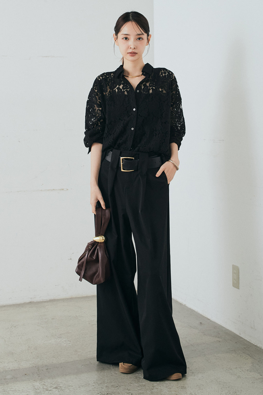 [SET]レース裾スカラップシャツ+ベルトループデザインハイウエストタックパンツ(2set)