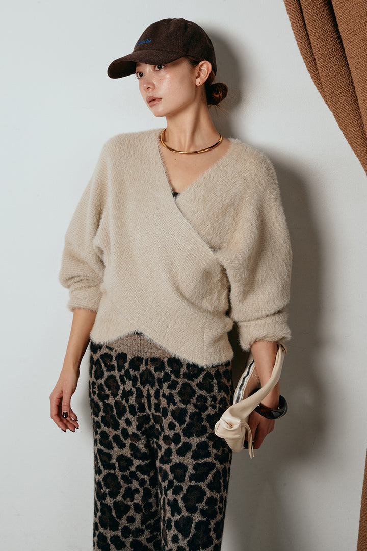 [SET]シャギーカシュクールニットトップス+リラックスレオパード柄ニットパンツ(2set)