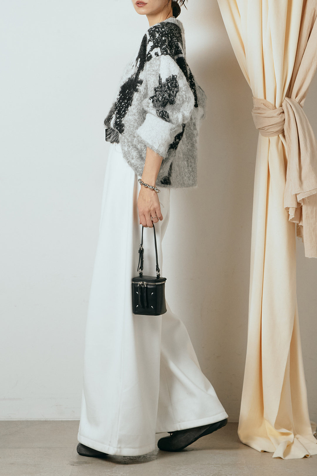 [SET]起毛ニュアンス柄ニットプルオーバー+ファーベルト付きワイドパンツ(2set)