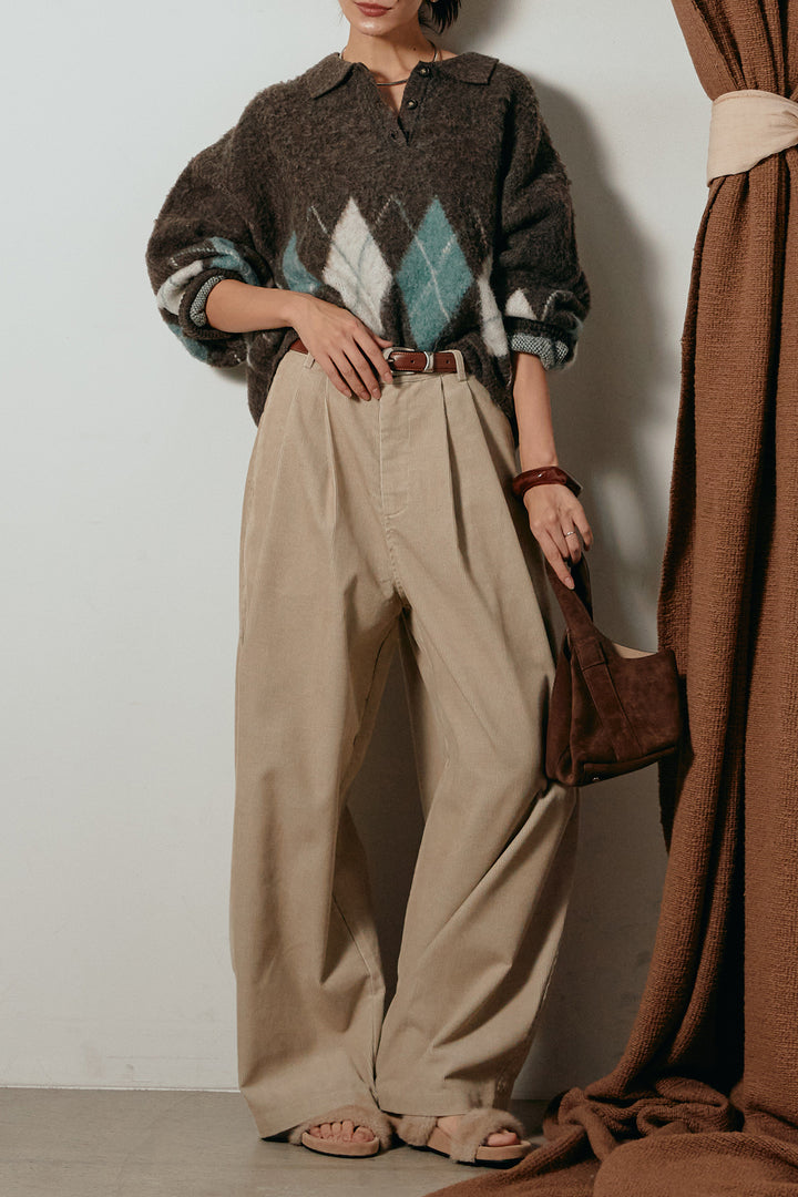 [SET]アーガイル柄ポロニットトップス+フロントタック入りコーデュロイパンツ(2set)