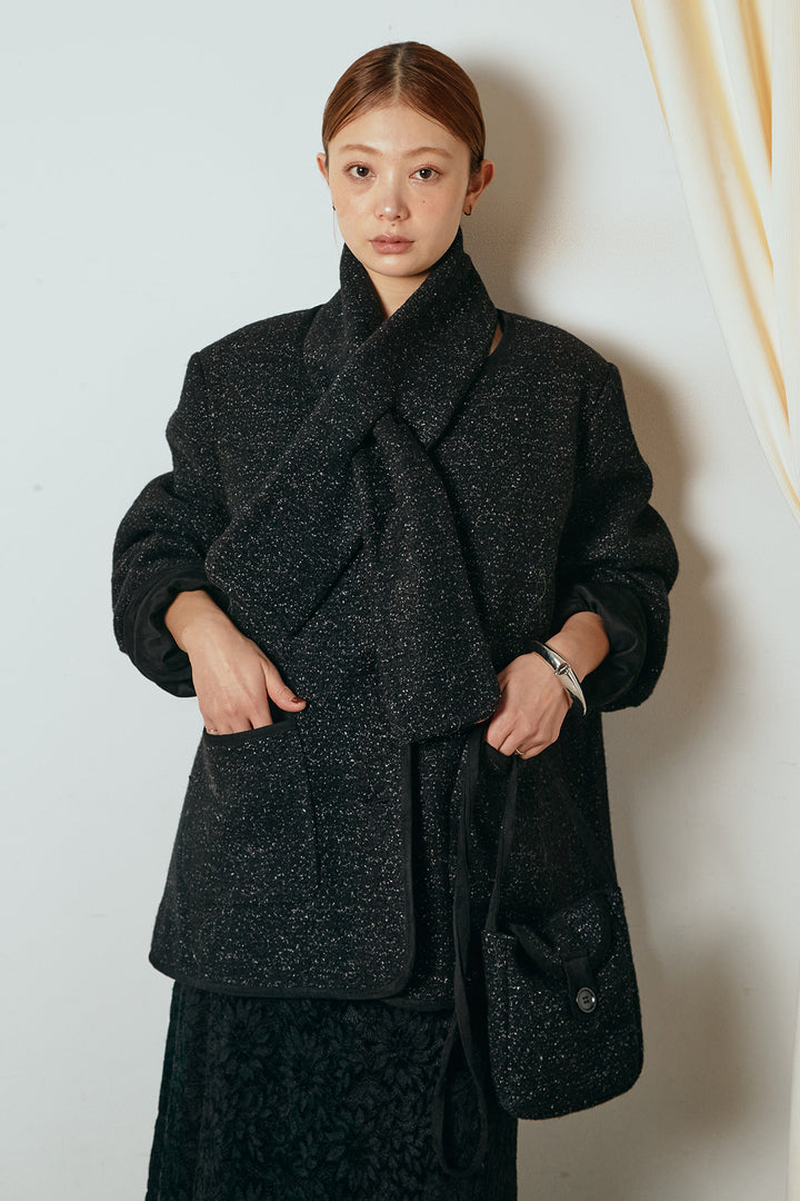 [SET]ノーカラーマフラーバッグ付きアウター+花柄刺繍ベロアフレアスカート(2set)