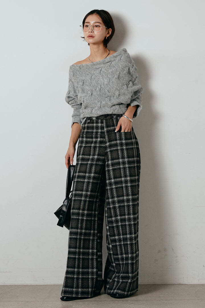 [SET]ボートネックニットトップス+ルーズタータンチェックワイドパンツ(2set)