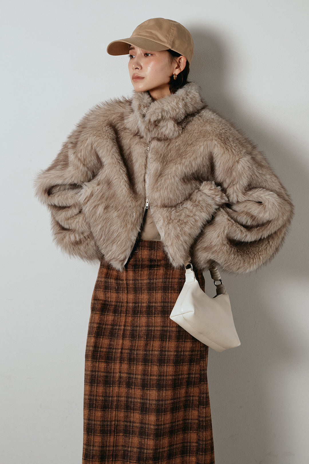 [SET]エコファーショート丈ブルゾン+シャギーチェックストレートスカート(2set)